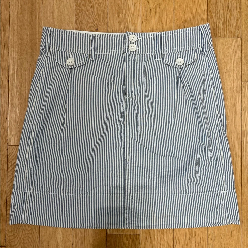 Anthropologie Paper Boy Blue & White Pinstripe Seersucker Mini Skirt Size 4